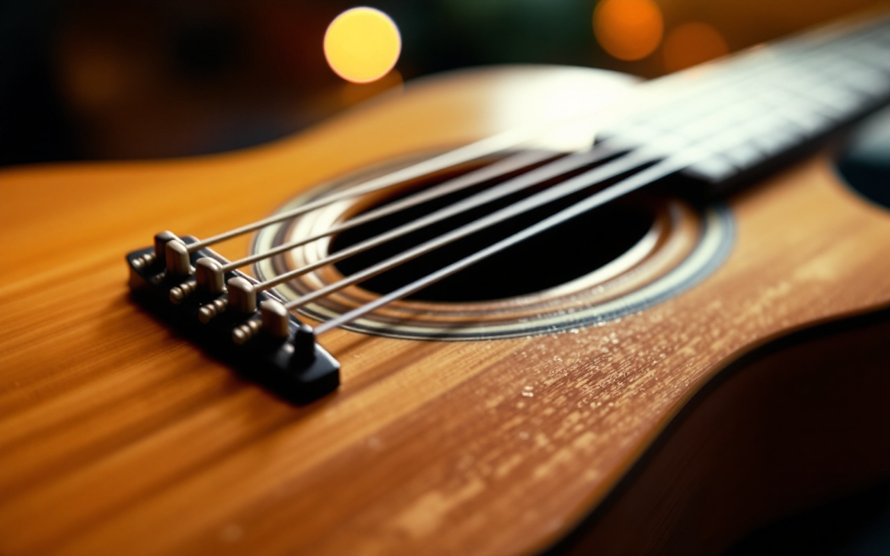 Photo prise à la main en gros plan montrant les détails d'une guitare en bois : grain du bois, cordes et frettes, touche visible, éclairage chaud et volumétrique, reflets lumineux et ambiance intime et naturelle.