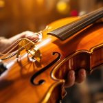 Un luthier photographie un violon vernis à la lumière douce du jour, gros plan sur le vernis ambré et le grain du bois, atelier en arrière-plan flou, ambiance chaude et naturelle.