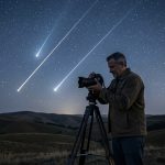 Un photographe amateur debout devant un appareil photo sur trépied, sous un ciel étoilé traversé par plusieurs étoiles filantes, avec un paysage sombre au premier plan.