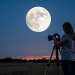 Une femme photographe observe une pleine lune brillante qui se lève à l’horizon lors d’une soirée d’août, avec son appareil installé sur un trépied sous un ciel bleu profond.