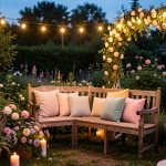 Coin photo festif installé dans un jardin fleuri au crépuscule, avec un banc en bois, des coussins pastel, une arche florale et des guirlandes lumineuses.