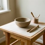 Espace de travail propre et compact pour débuter la poterie en appartement, avec de l’argile autodurcissante, des outils en bois et un petit bol fait main.