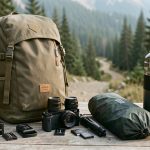 Kit photo léger soigneusement organisé pour une randonnée de deux jours, avec appareil hybride, objectifs compacts, trépied et sac à dos près d’un sentier forestier.