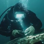 Plongeur utilisant un appareil photo sous-marin pour photographier des poissons dans une eau claire.