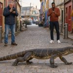 Un grand varan avance calmement dans une rue du Courgain Maritime à Calais, observé et photographié à distance par trois photographes devant des façades maritimes, sous une douce lumière de fin d’après-midi.